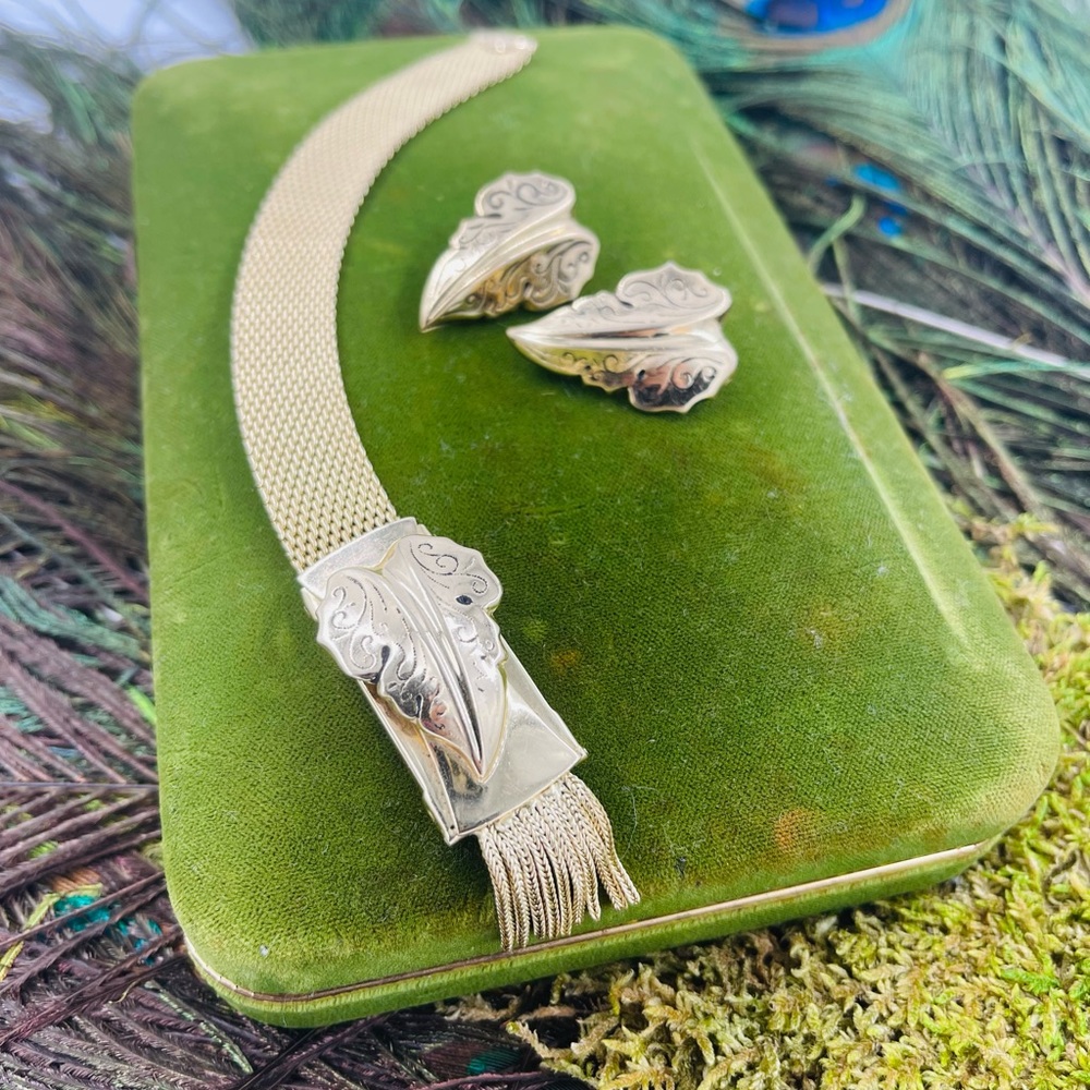 Vintage Whiting & Davis Gold Mesh Fringe Bracelet with Matching earrings.